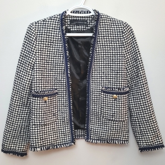 Zara Tweed Houndstooth Open Front Raw Edge Blazer - Picture 5 of 14